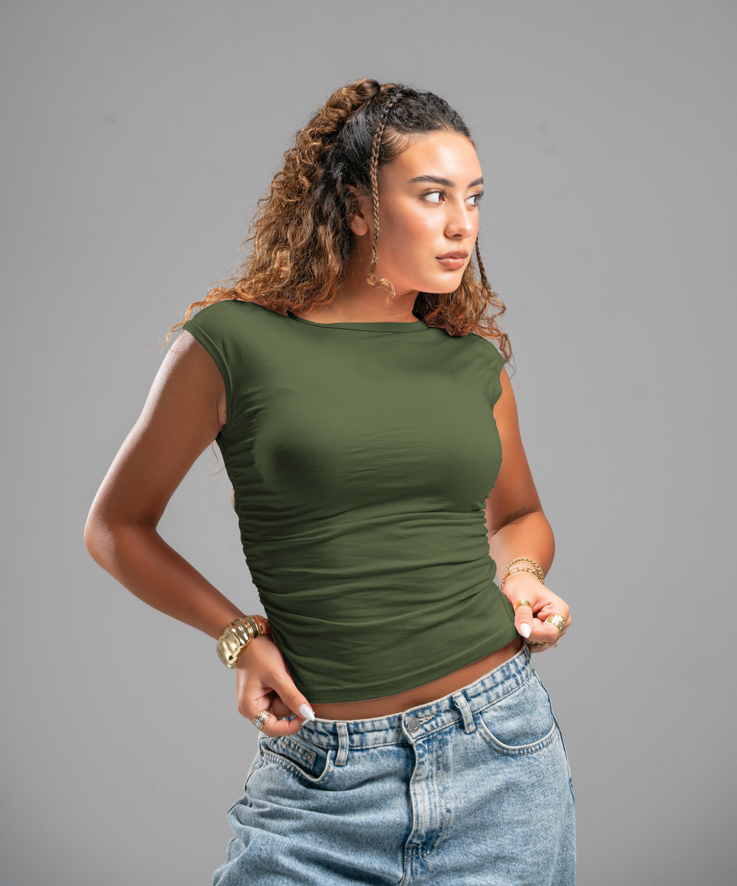 Scrunch side olive top