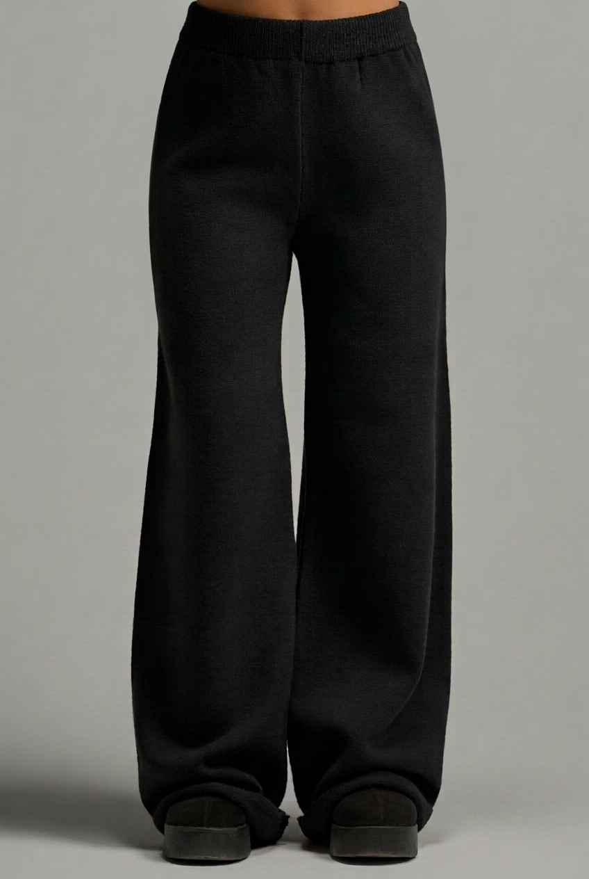 Black knit pants, keeping the stomach visible and removing hands and arms