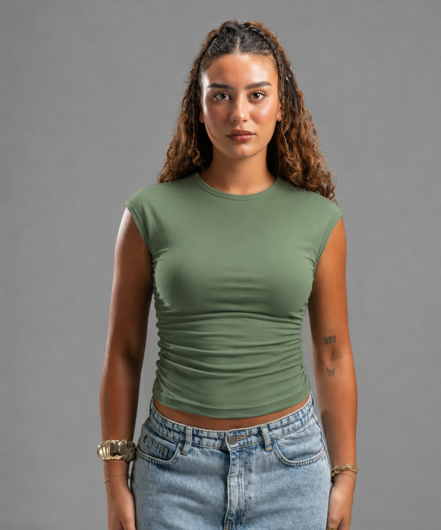 Scrunch side sage green top