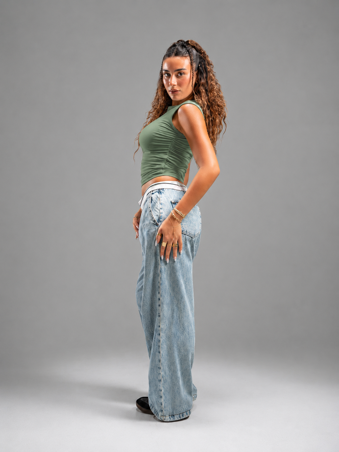 Scrunch side sage green top