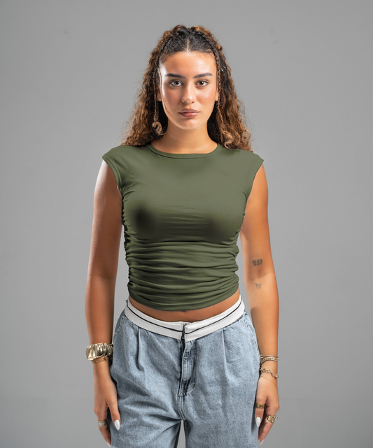 Scrunch side olive top
